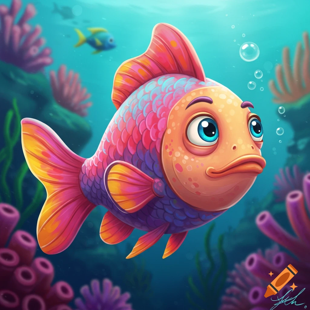 A colorful cartoon fish with big blue eyes swims among purple coral in a digital illustration.