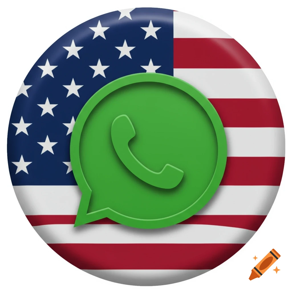 Circular icon with a green WhatsApp logo over the American flag.