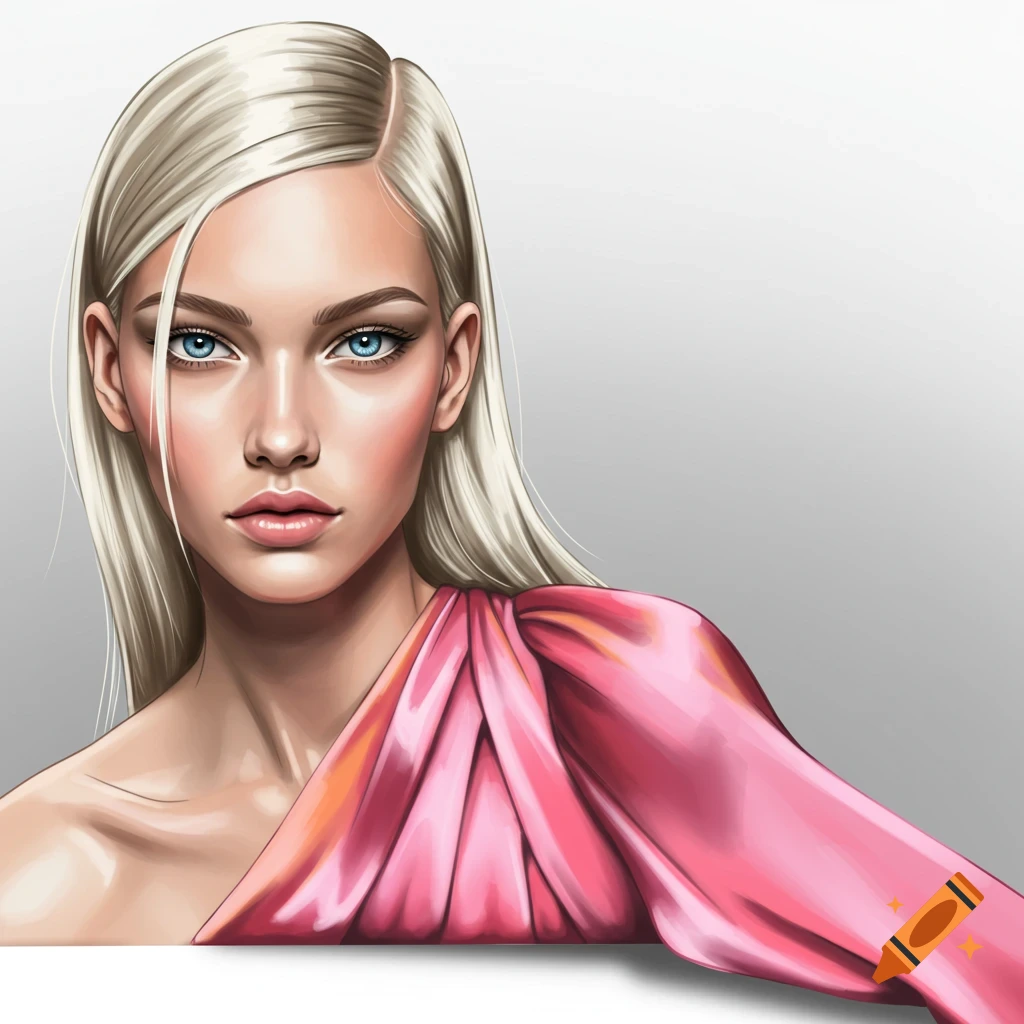 A model with blonde hair, blue eyes, wearing a pink one-shoulder dress.