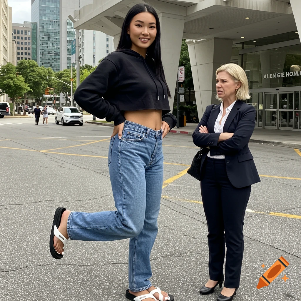 Southeast Asian model in cropped hoodie and baggy jeans towering over ...
