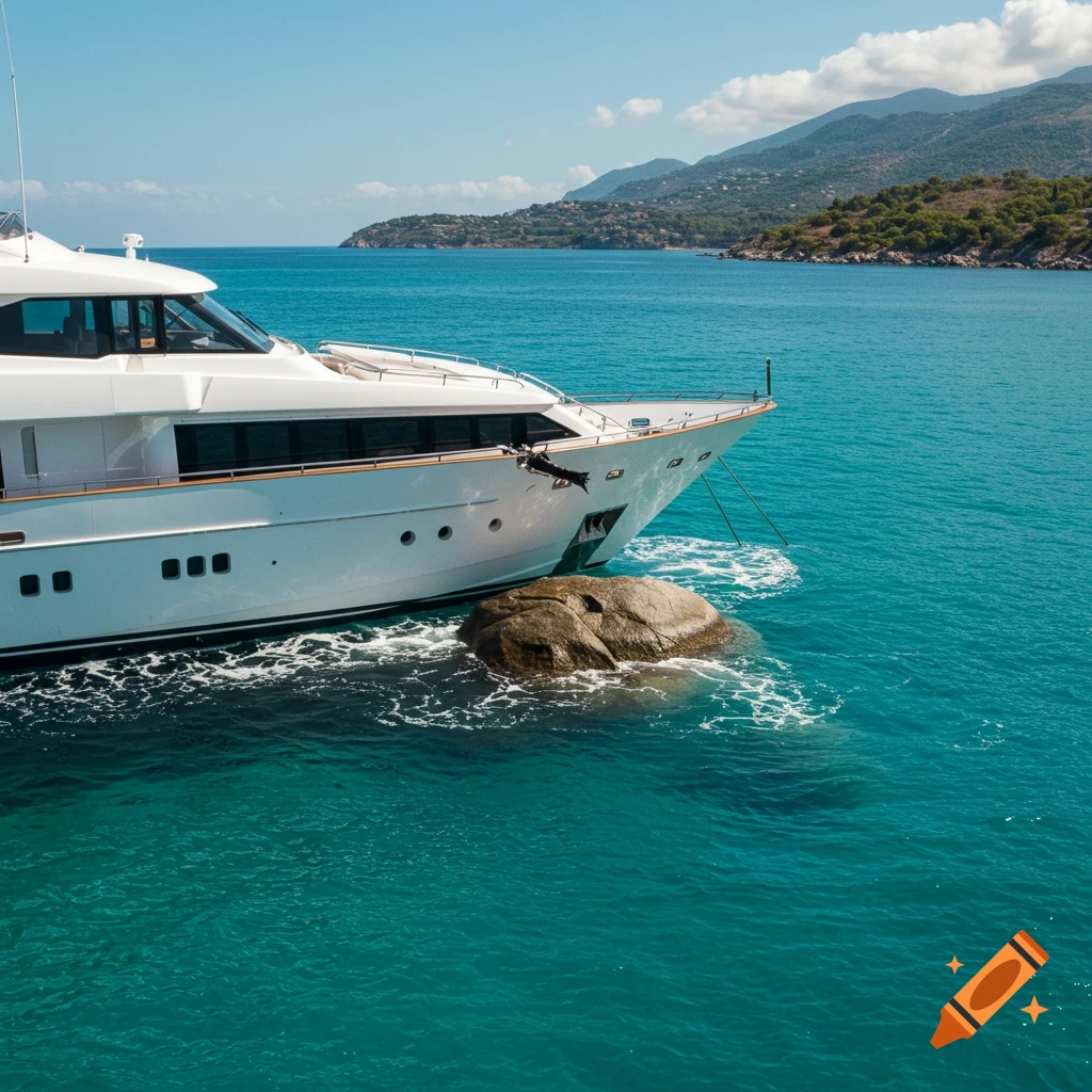 A white yacht appears to have hit a large boulder in clear blue water near a mountainous coastline on a sunny day.