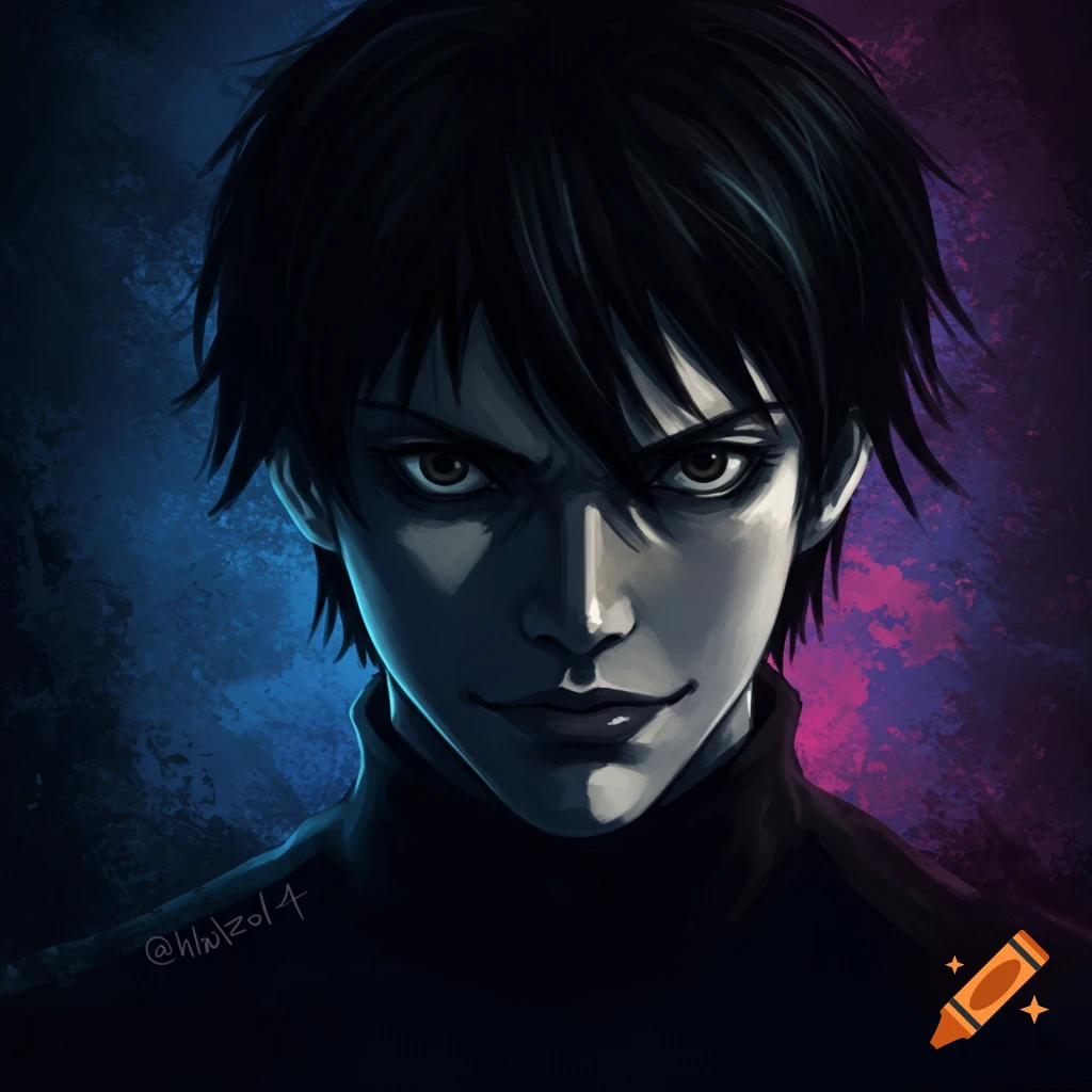 A dark-haired anime character with intense eyes is shown against a blue and purple background.