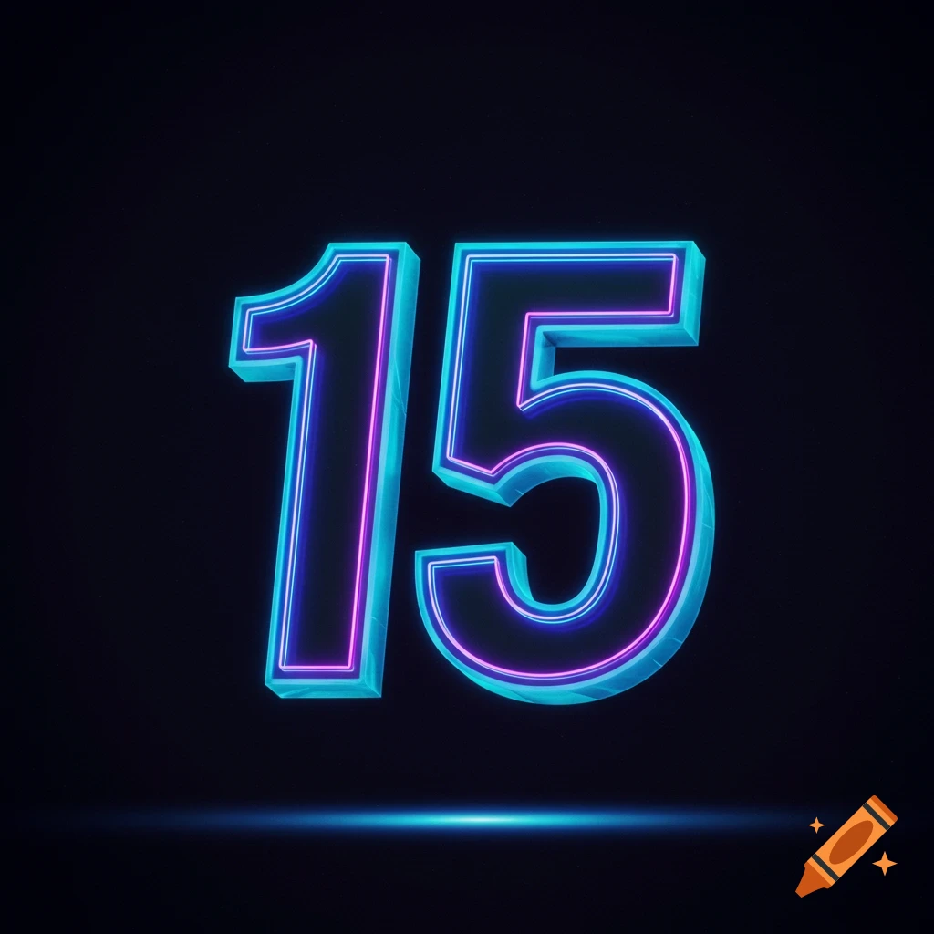 Glowing neon number 15 against a dark background