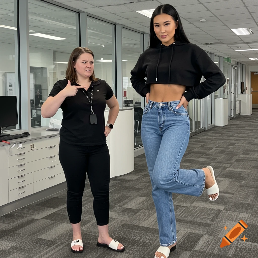 Two women in an office hallway, one tall woman posing and one shorter woman looking angry.