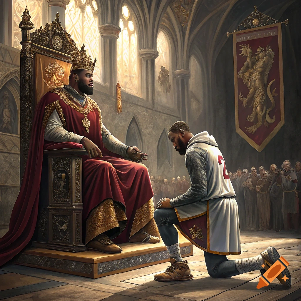 A figure crowned and robed like a king sits on a throne as another figure in athletic wear kneels in a medieval hall painting.