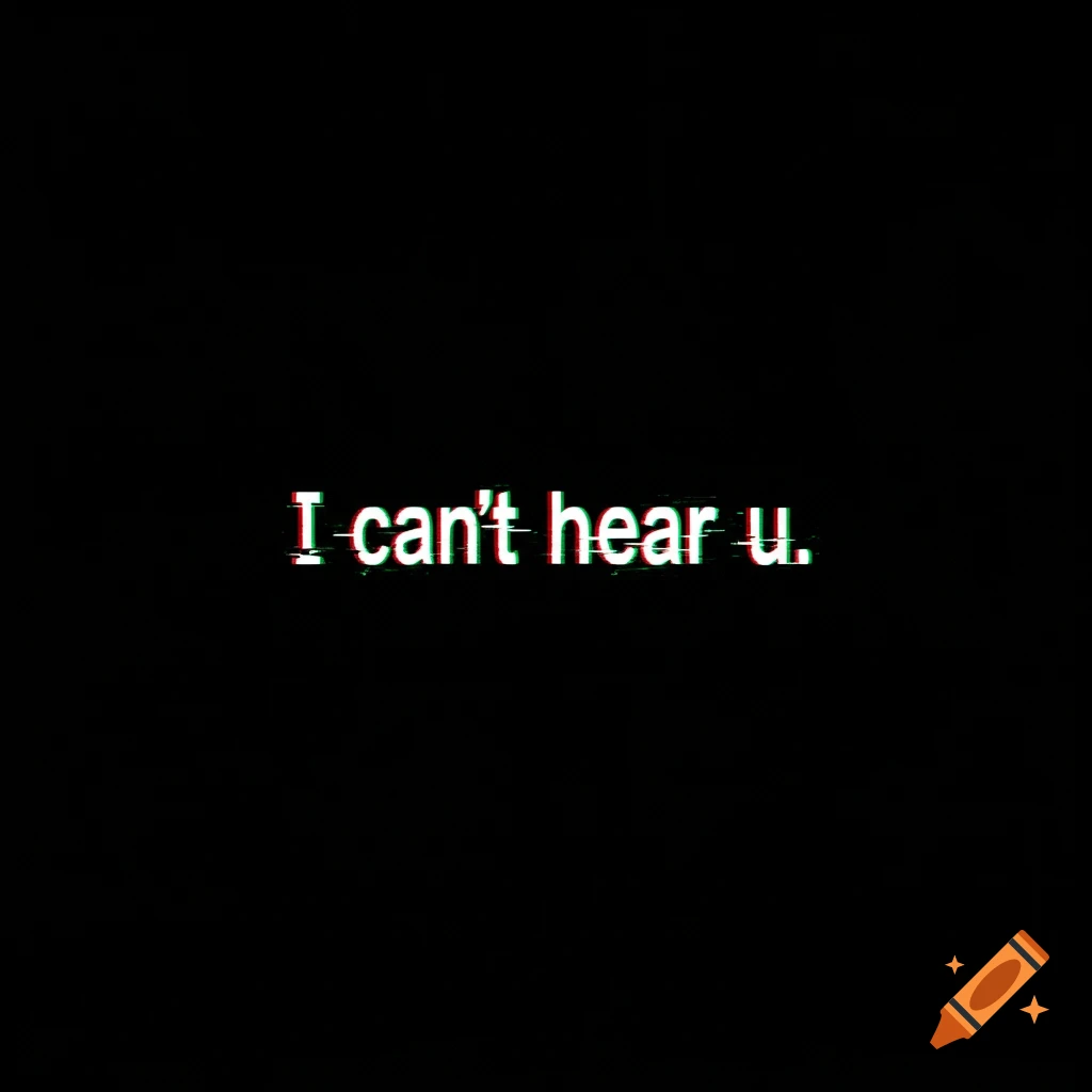White text 'I can't hear u.' on a black background with a glitch effect.