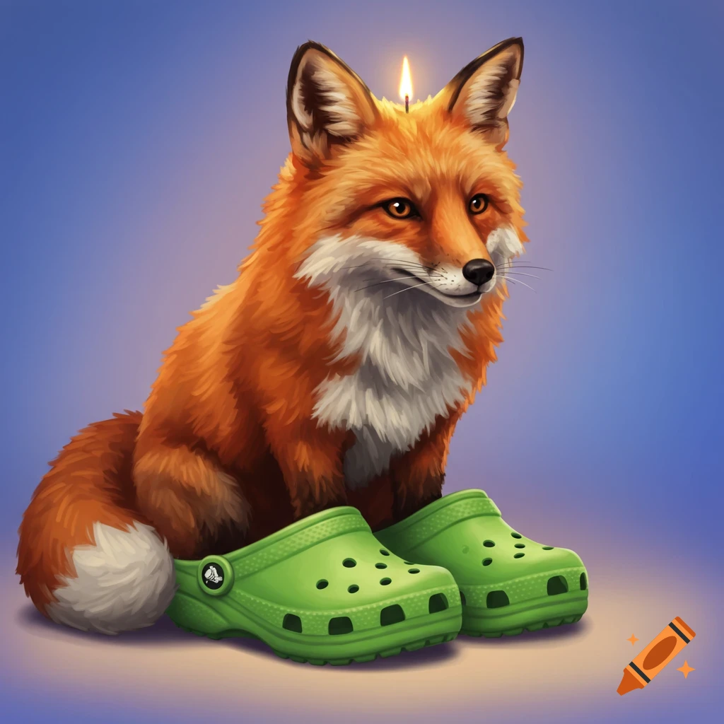 A fox wearing green Crocs shoes and a lit candle on its head.