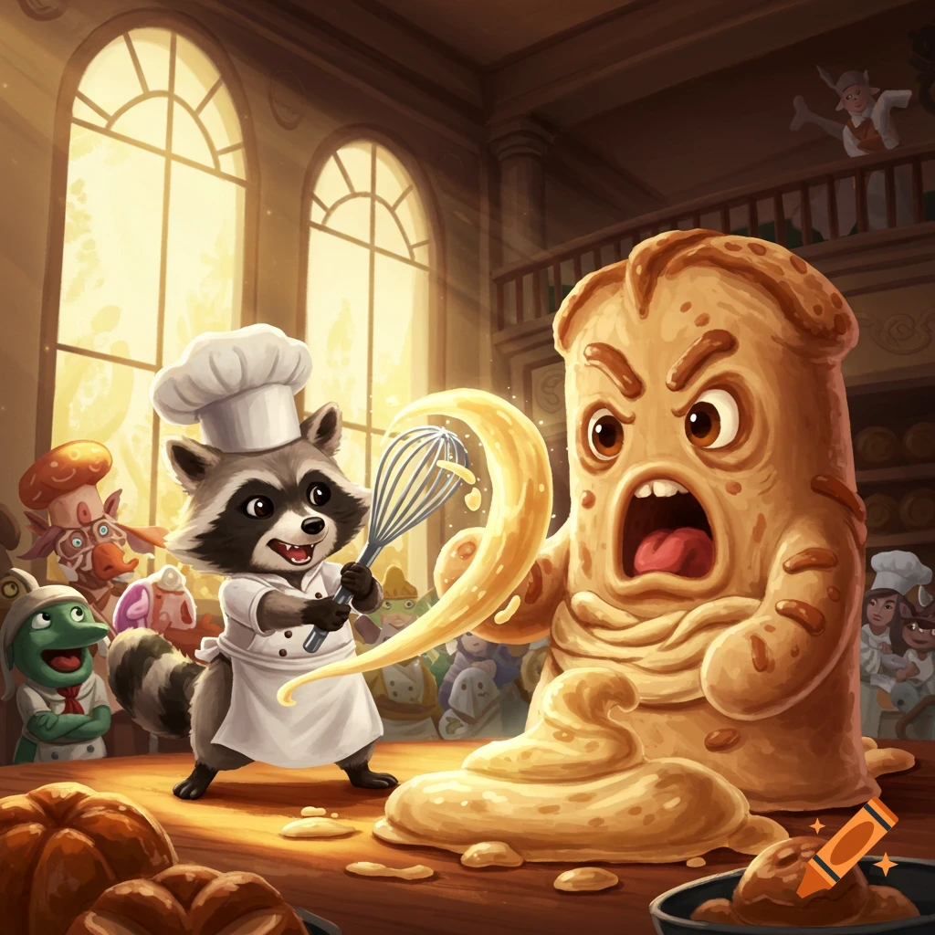 Cartoon raccoon chef battles angry sentient dough in a high-stakes bake-off