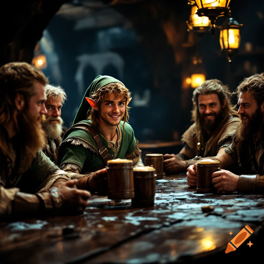 Character resembling Link drinking with men in a tavern