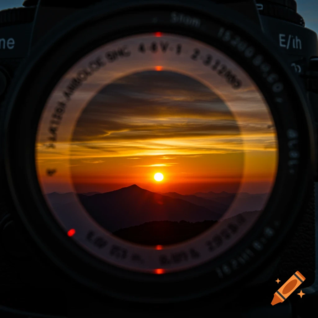 Close-up of a camera lens reflecting a vibrant sunset over mountains.