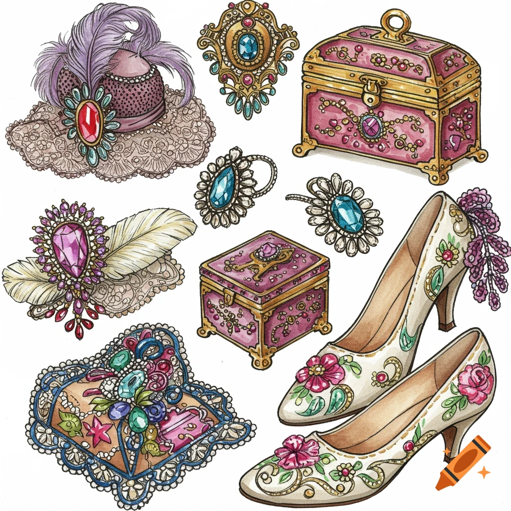 A drawing of various antique-style embellished jewelry, accessories, and boxes on white.