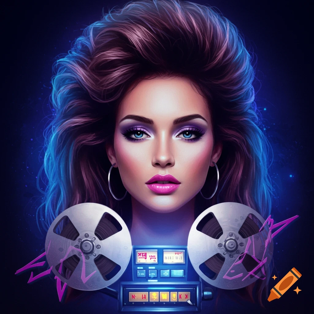A woman with 80s hair and makeup, reel-to-reel tapes and machine.