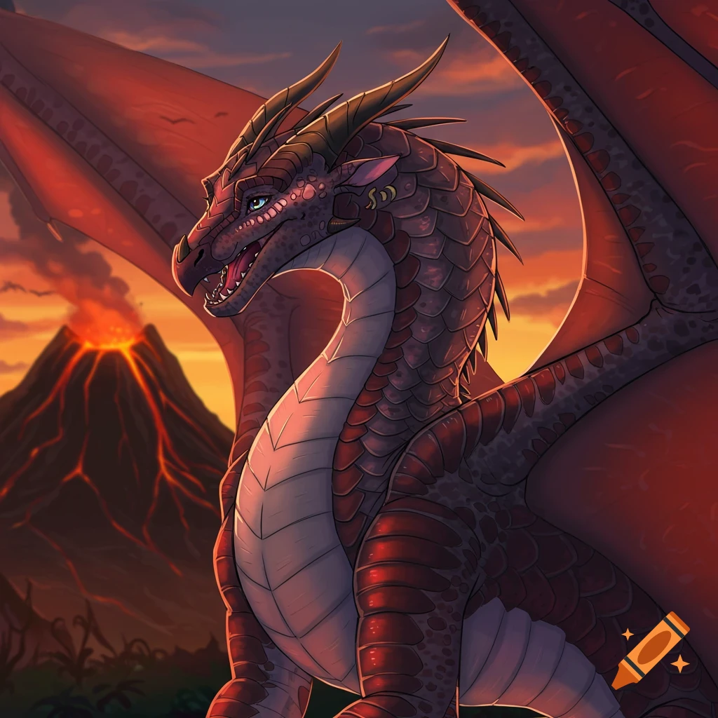 A red dragon with large wings perched near a volcano at sunset.