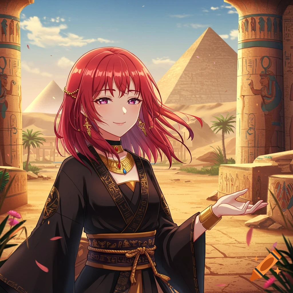 Anime girl in Egyptian-style dress stands before pyramids
