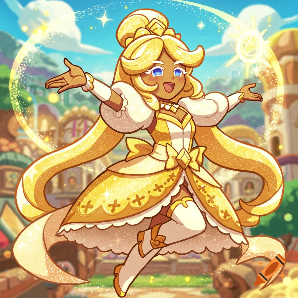Cartoon character Shining Glitter Cookie floats with arms open in a bright, sunny fantasy setting.