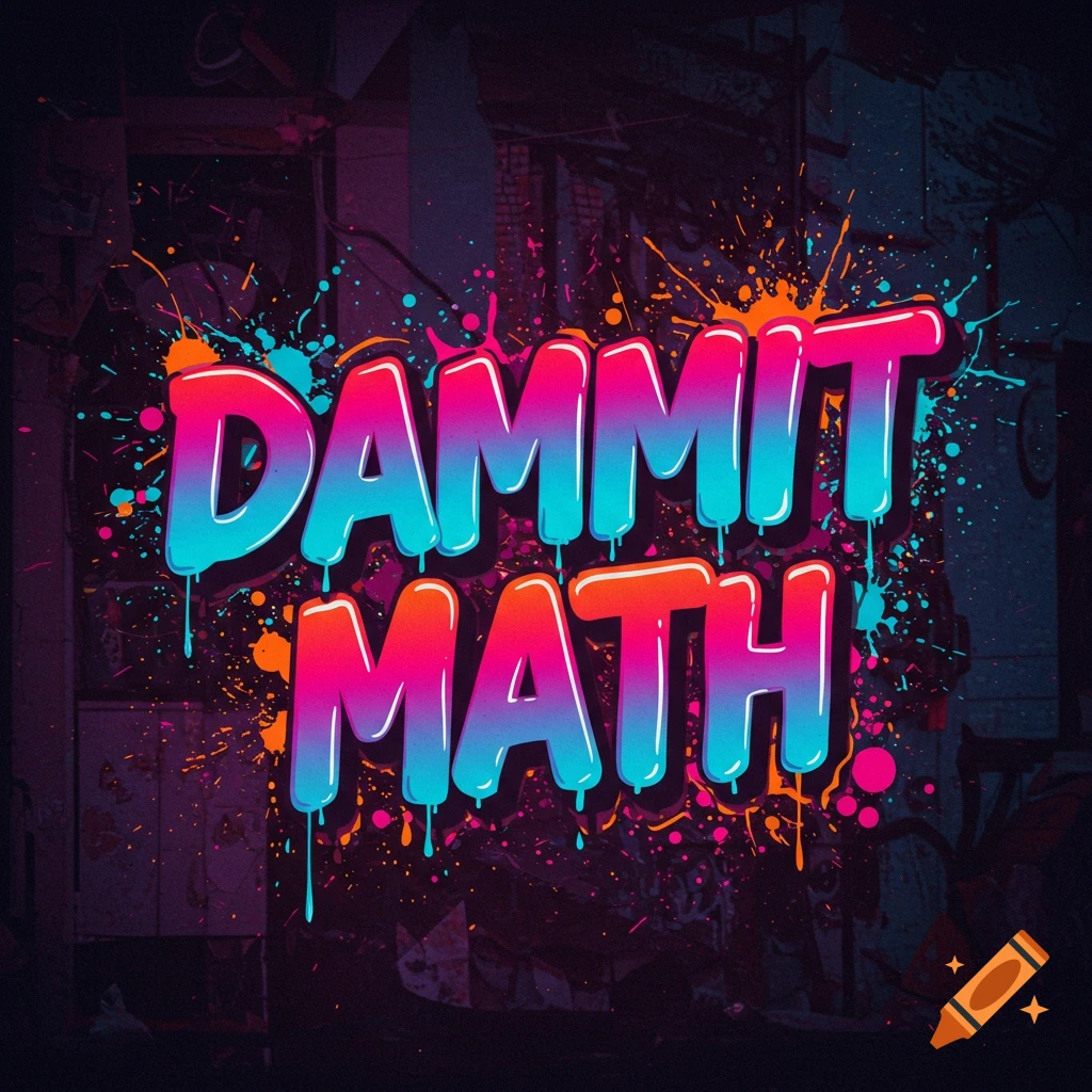 DAMMIT MATH text in colorful graffiti style with paint splatters.