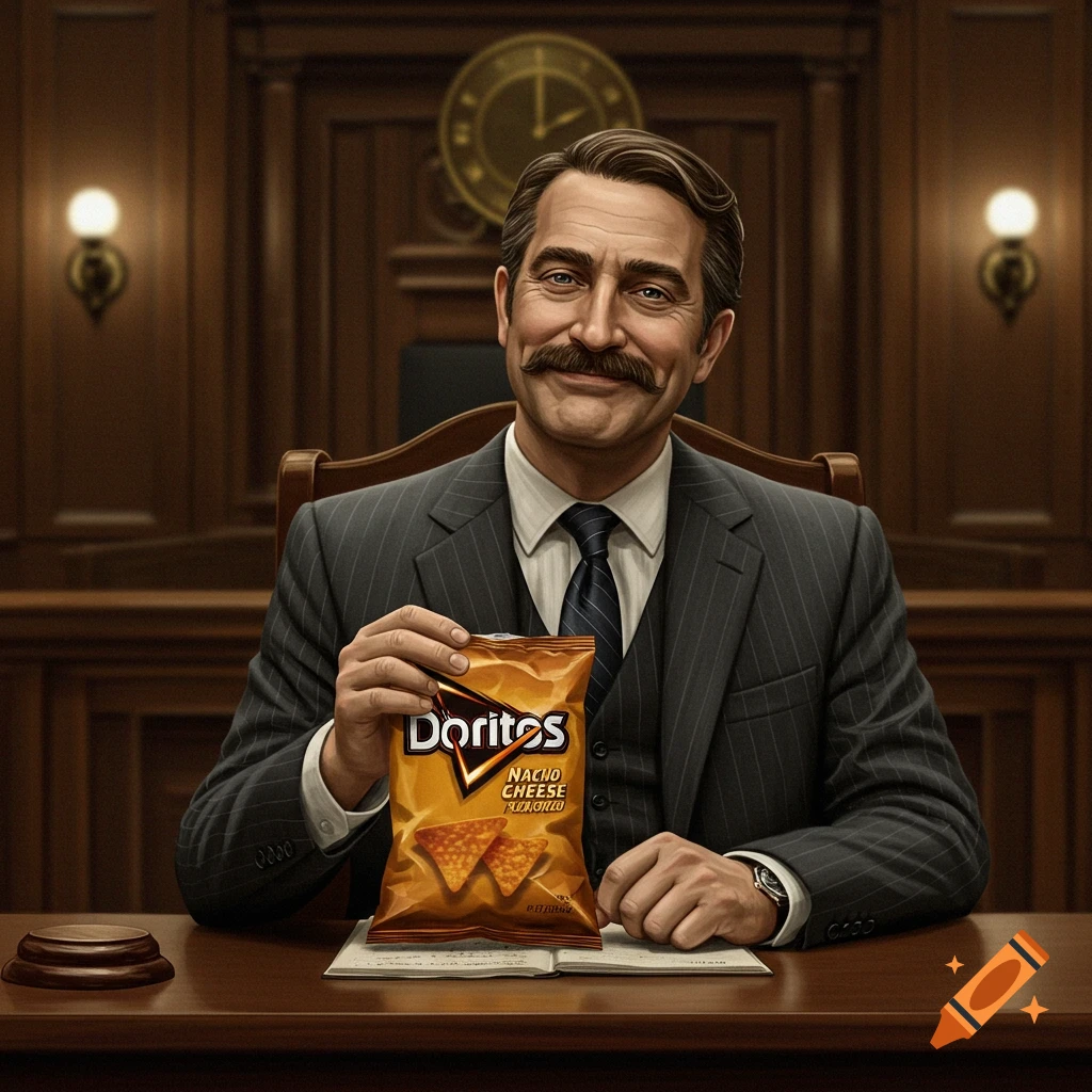 A man with a mustache in a suit holds a bag of Doritos chips in a courtroom setting.