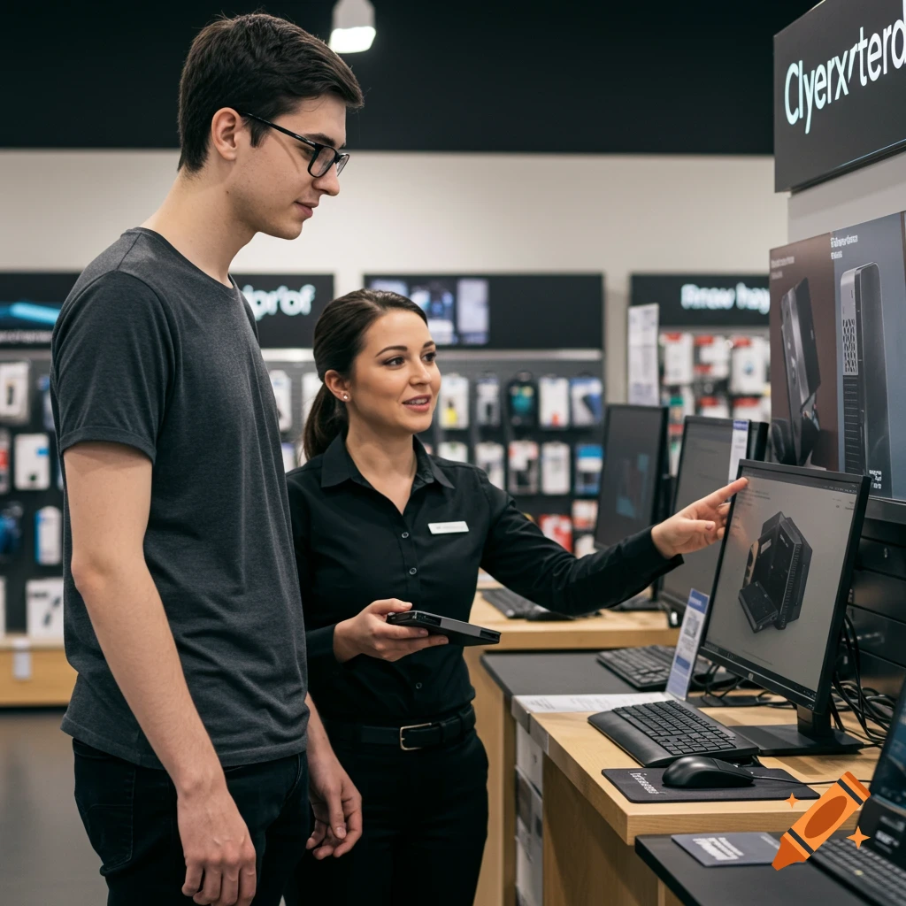 A man and a store employee look at a computer in an electronics store.