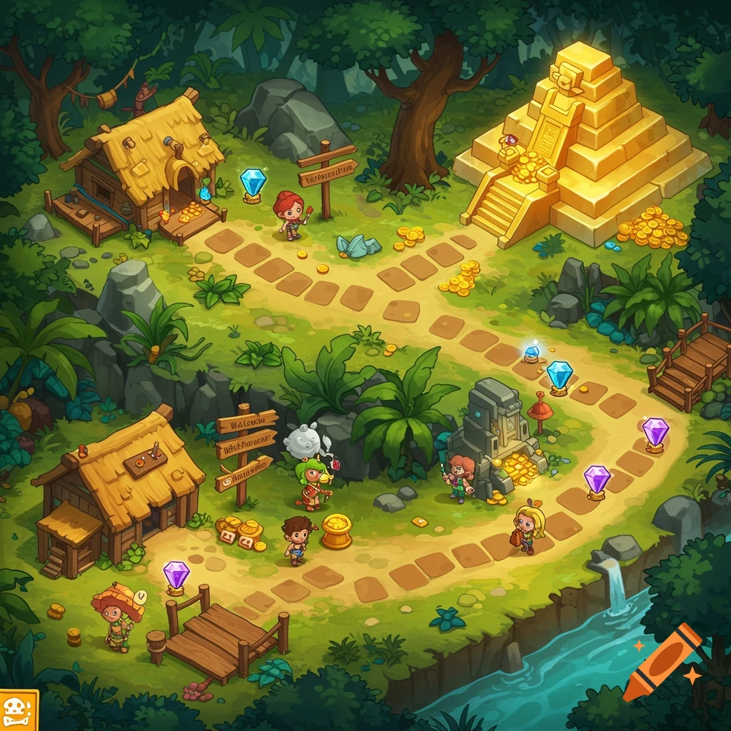 A vibrant cartoon jungle board game map with winding paths, huts, a golden temple, treasure, and small adventurer figures.