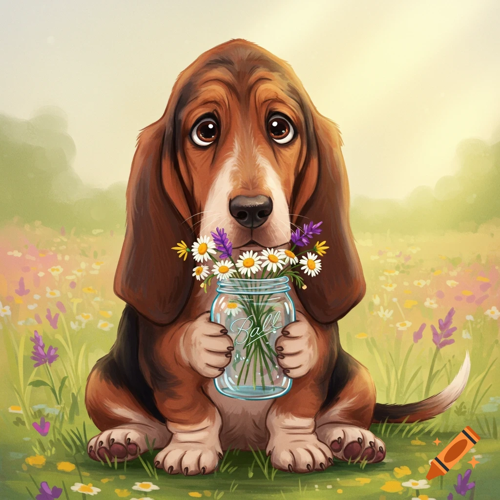 A basset hound sitting in a field, holding a mason jar full of daisies and lavender.