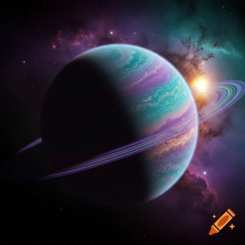 A colorful gas giant planet with rings in space, against a backdrop of stars and a nebula.