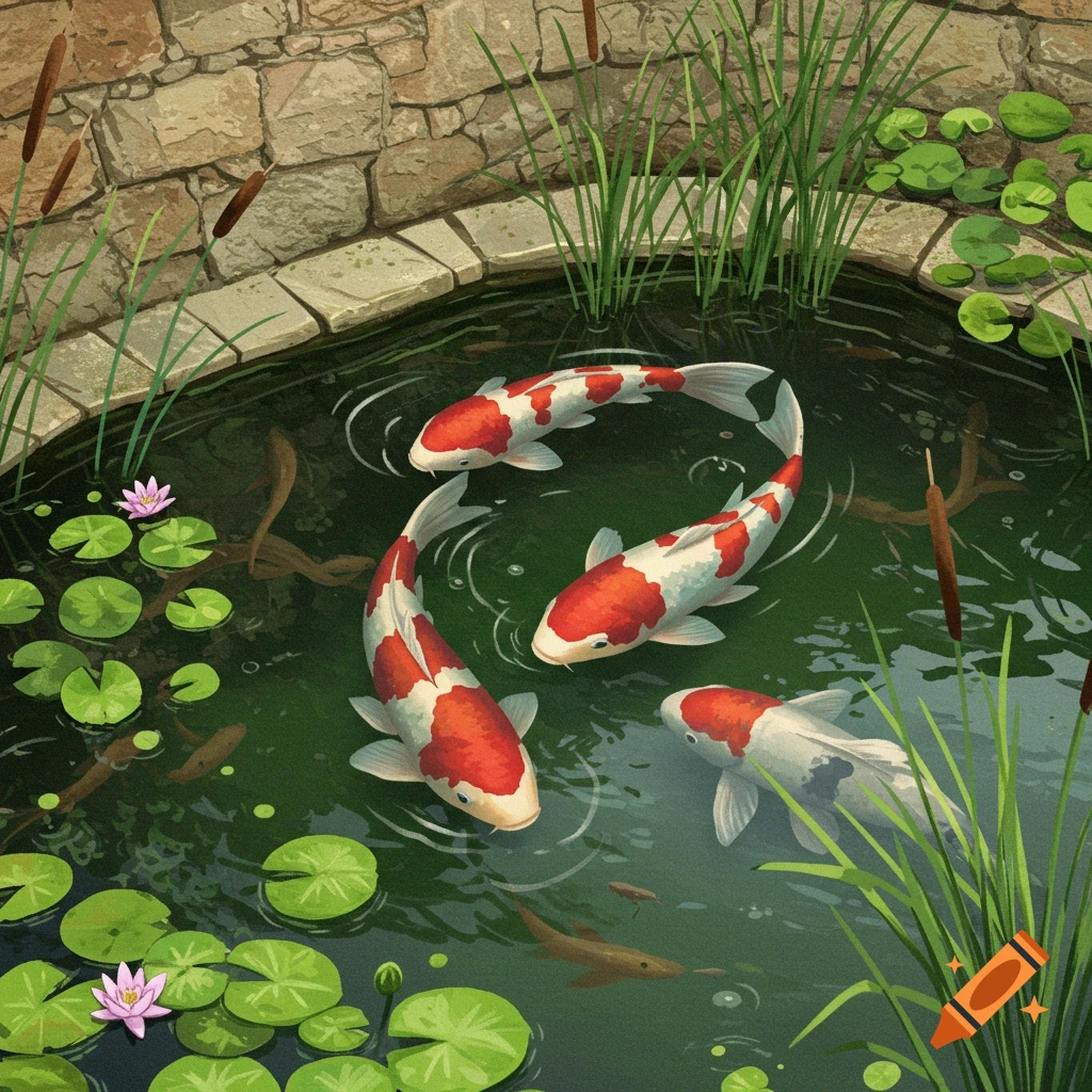 Several koi fish are swimming in a pond with lily pads and reeds.