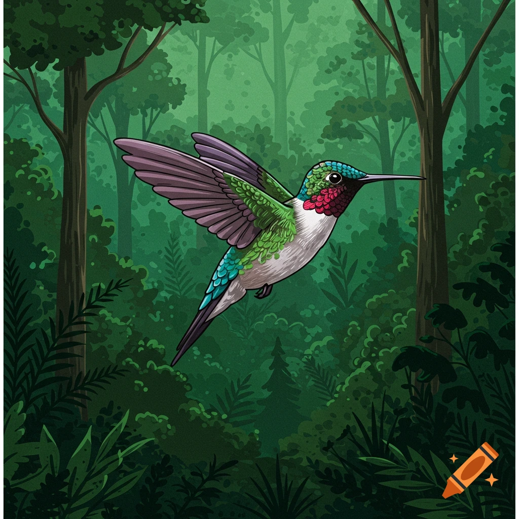 An illustration of a colorful hummingbird flying in a green forest.