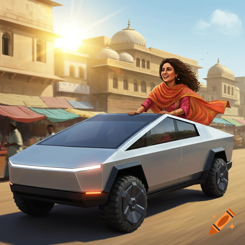An Indian woman riding in a Tesla Cybertruck through a city street.