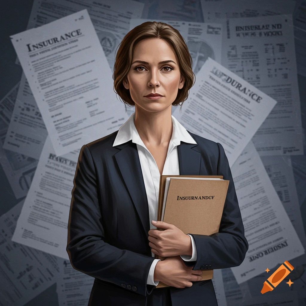 A serious woman in a suit holding a folder, with papers in the background.