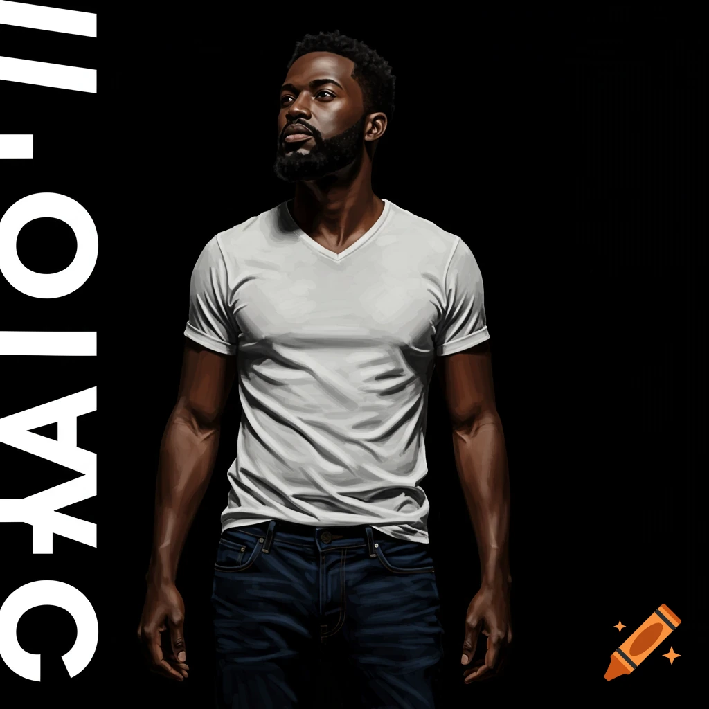 A man in a white t-shirt and jeans stands on a black background.