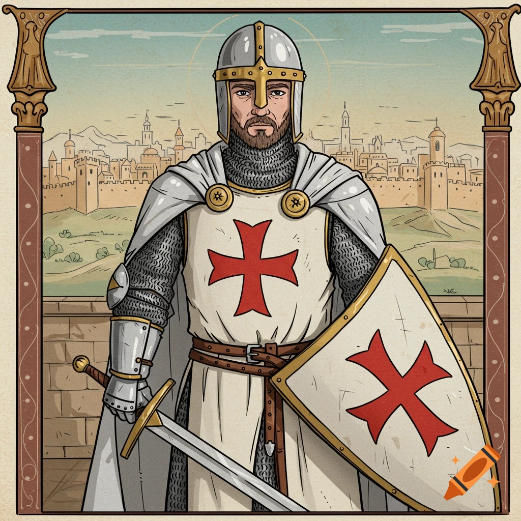 A knight in Templar armor with sword and shield stands before a city wall in an illustrated style.