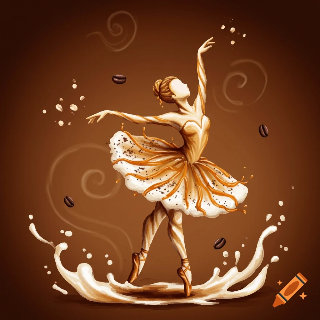 A ballerina made of coffee and milk, dancing amidst splatters and beans.