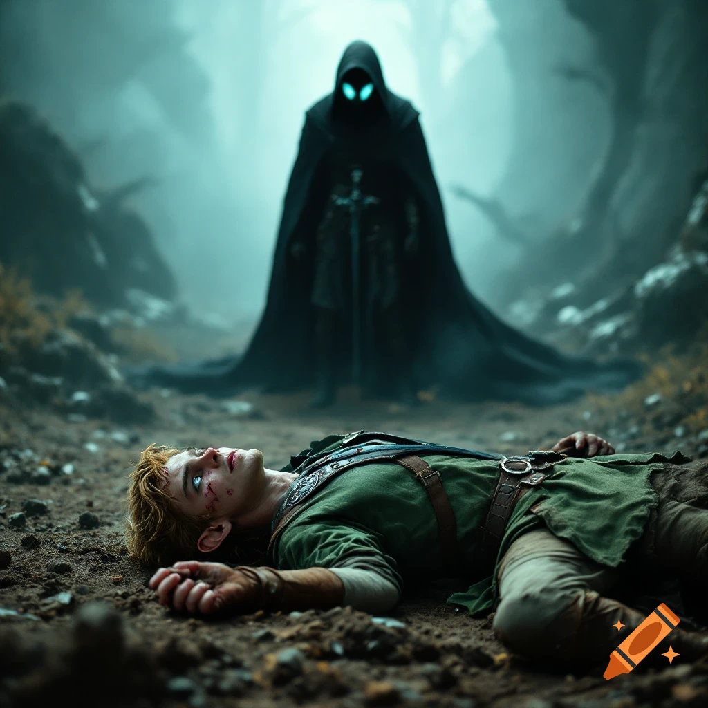 Cinematic scene of a young man lying on the ground with cuts and bruises, looking up at a tall, cloaked figure with glowing eyes.