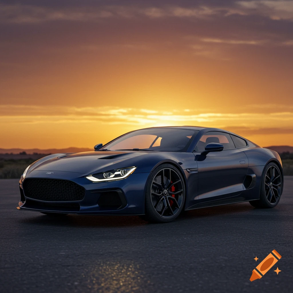 A dark blue futuristic sports car is parked on asphalt at sunset.