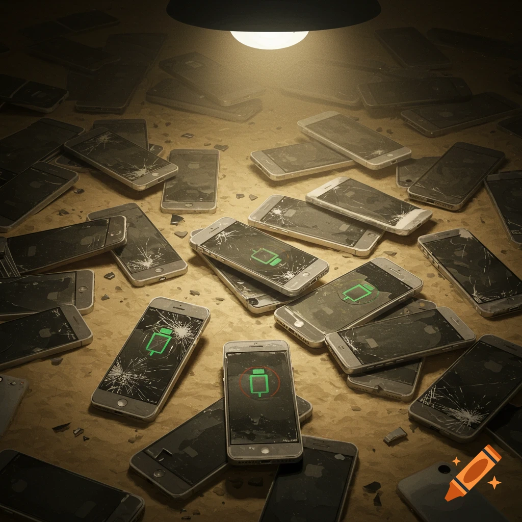 A pile of broken smartphones with some screens showing battery icons.