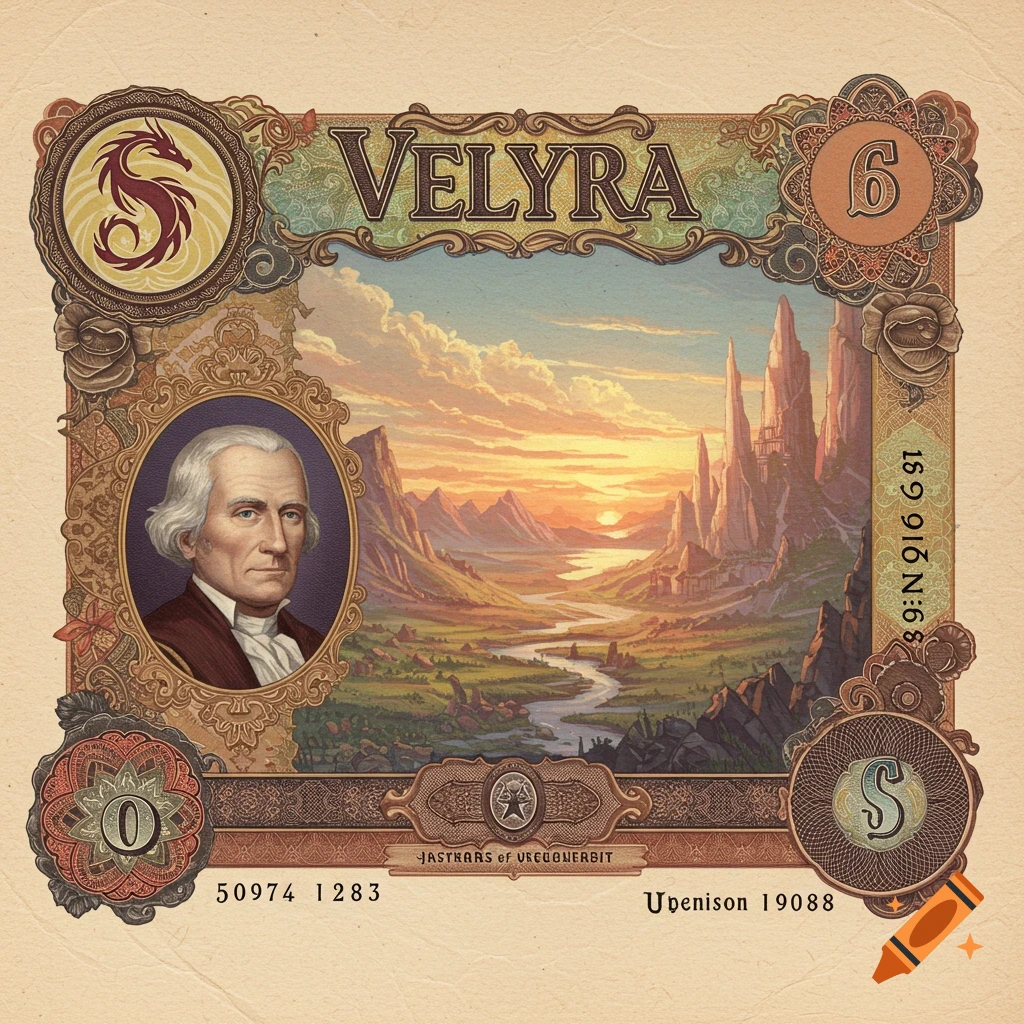 A fantasy banknote with a portrait and a mountain landscape at sunset