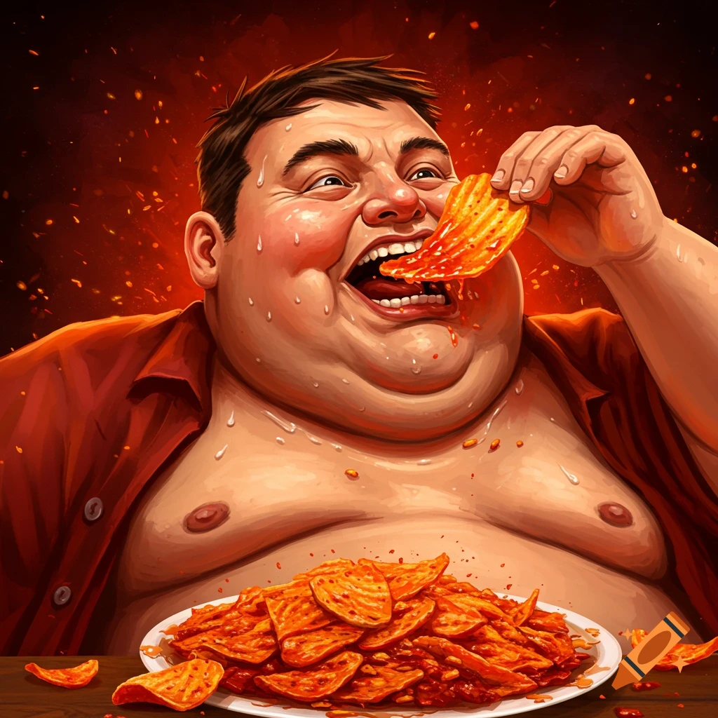 A sweating man eating a large spicy chip from a plate.