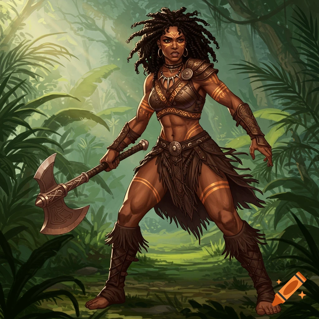 Fantasy warrior woman in jungle holding an axe