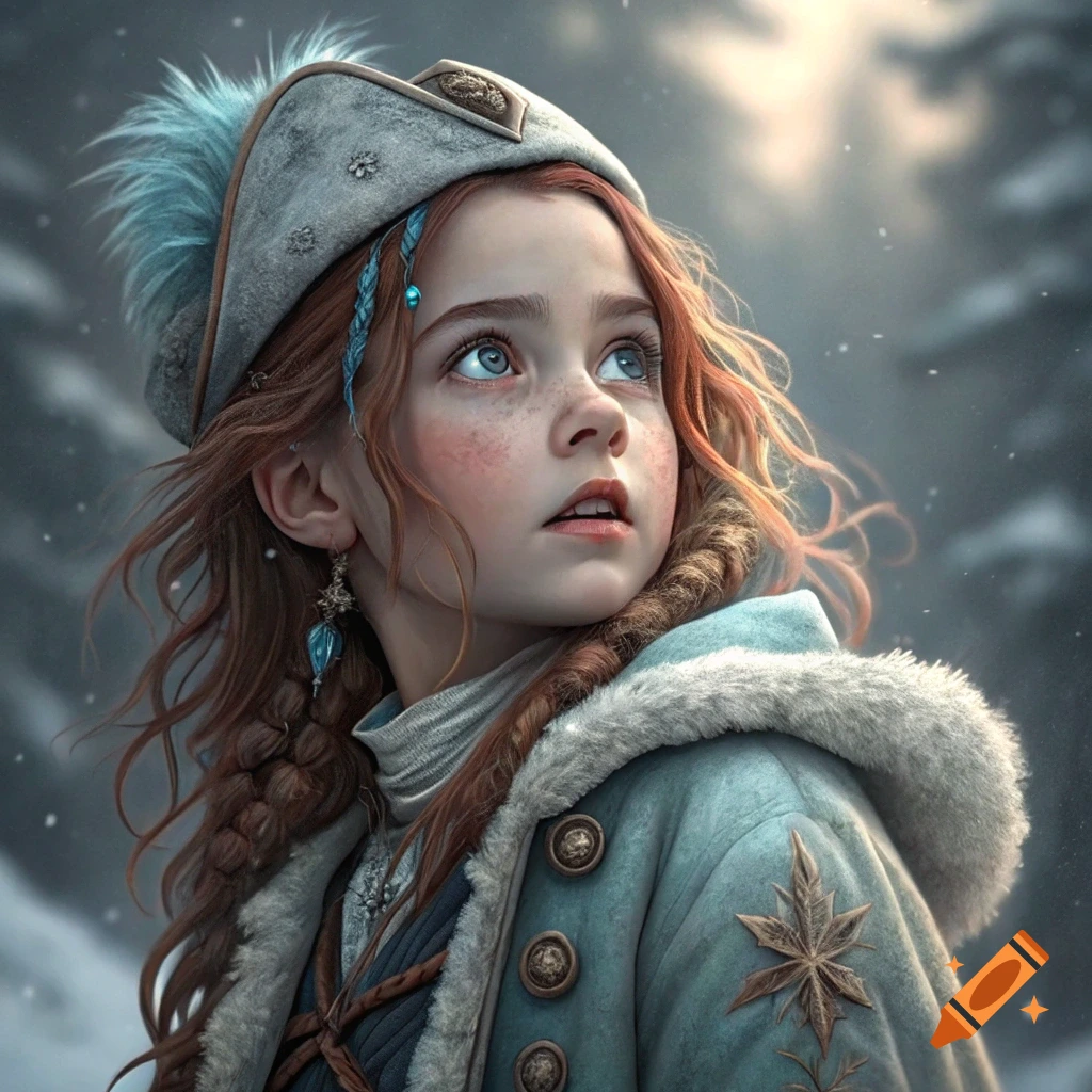 Portrait of a young girl in a winter hat and coat looking up in the snow.
