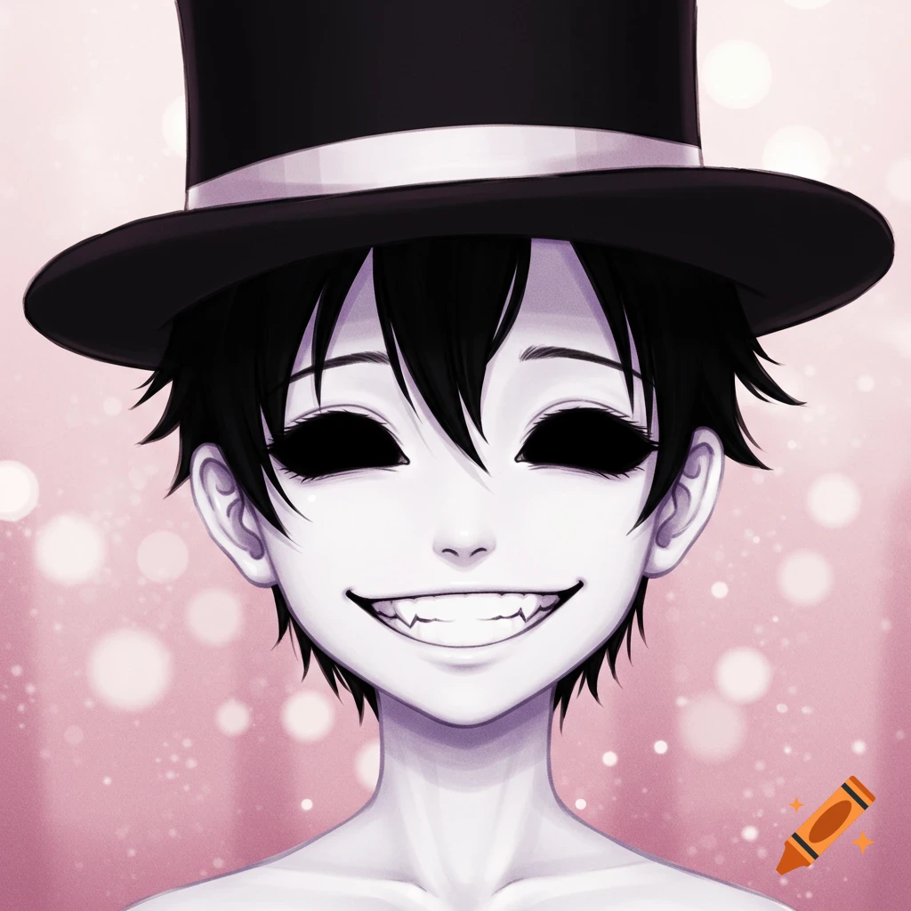 Anime portrait of a creepy boy in a top hat with black eyes and sharp teeth smiling.