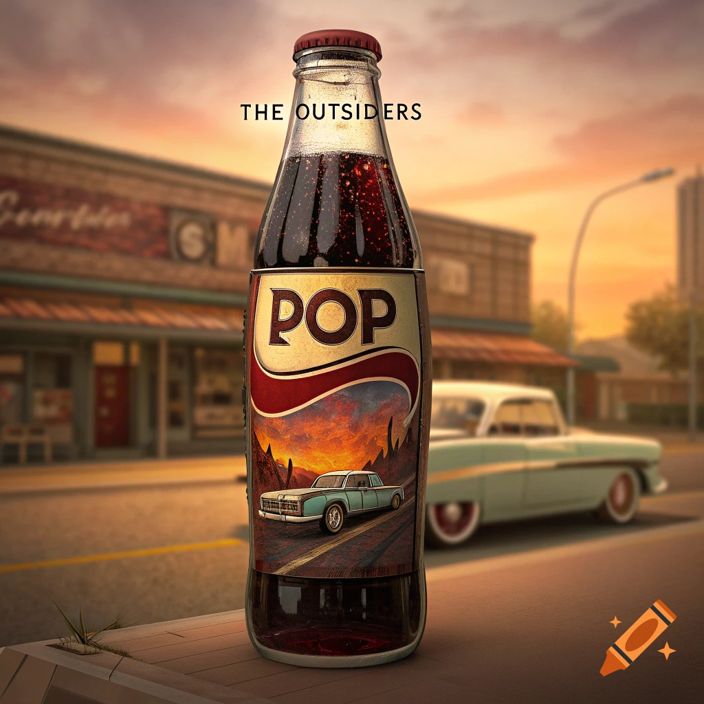 A retro soda bottle on a street curb with a blurred old car and storefront in the background at sunset, photorealistic.