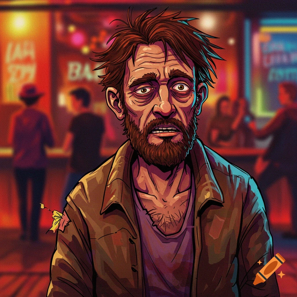 Stylized portrait of a disheveled man in front of a blurry bar background.