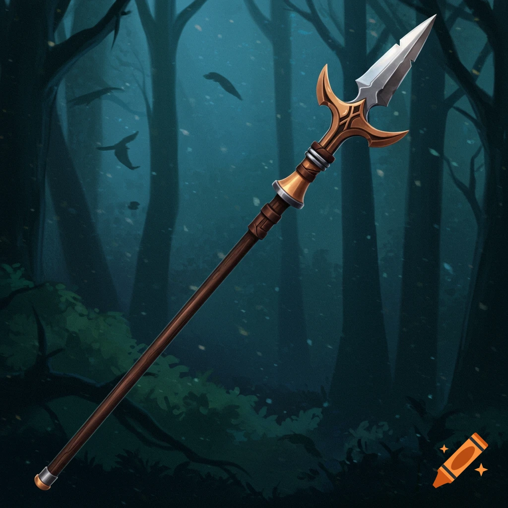 A stylized lance or spear stands in a dark, atmospheric forest.
