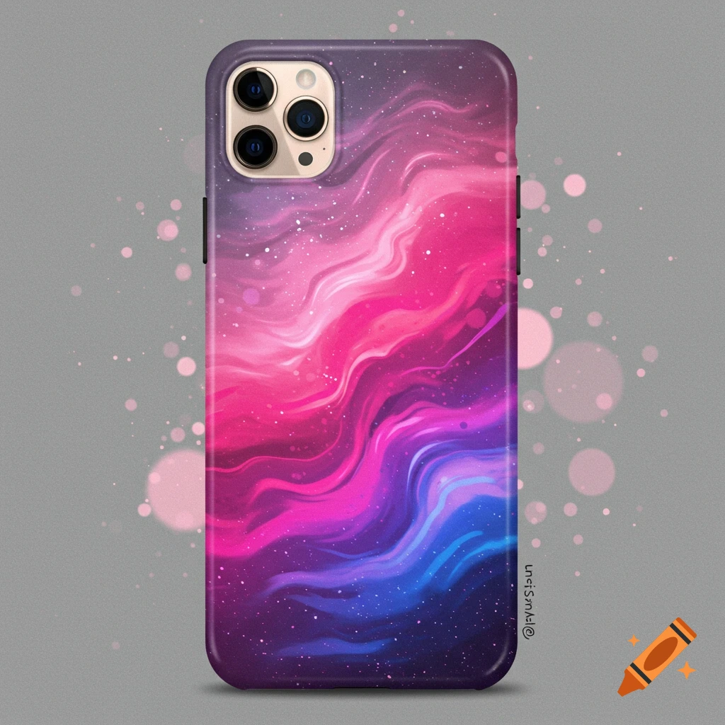 An iPhone case with a pink, purple, and blue cosmic wave design.