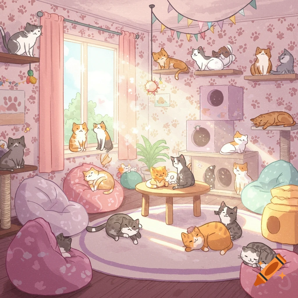 Many cute cartoon cats relaxing in a cozy room filled with cat furniture and sunlight.