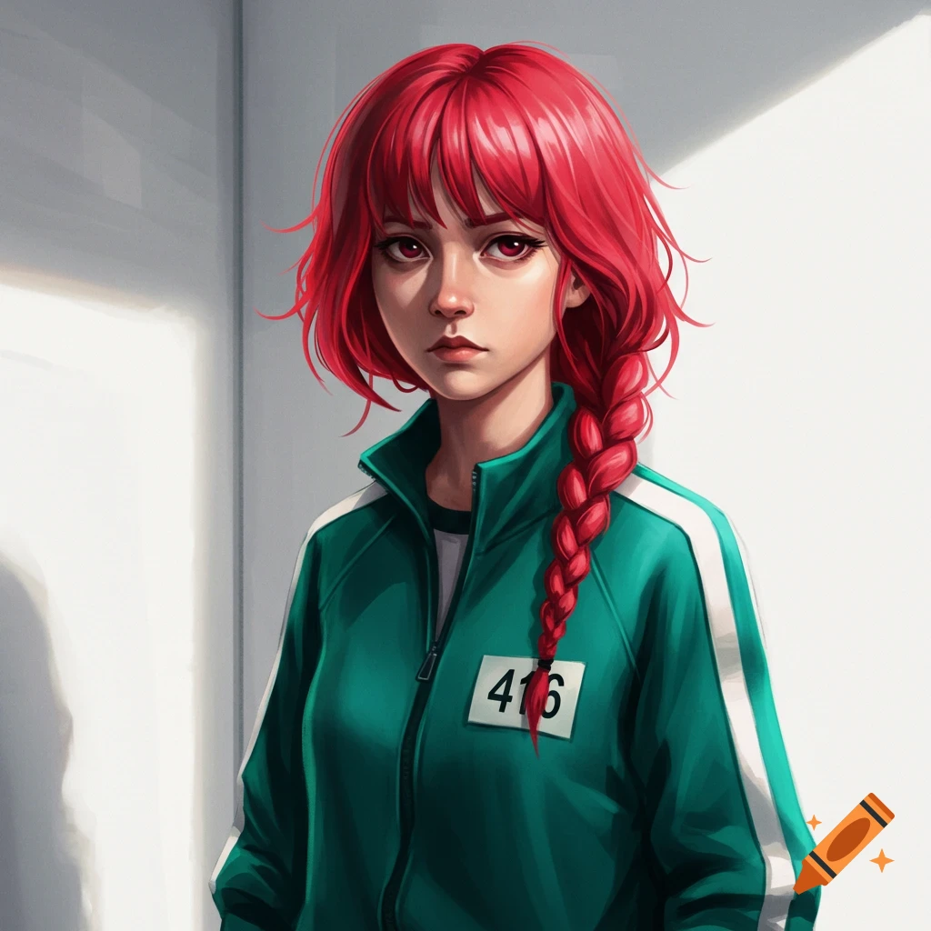 A young woman with red hair is wearing a green tracksuit with the number 416.