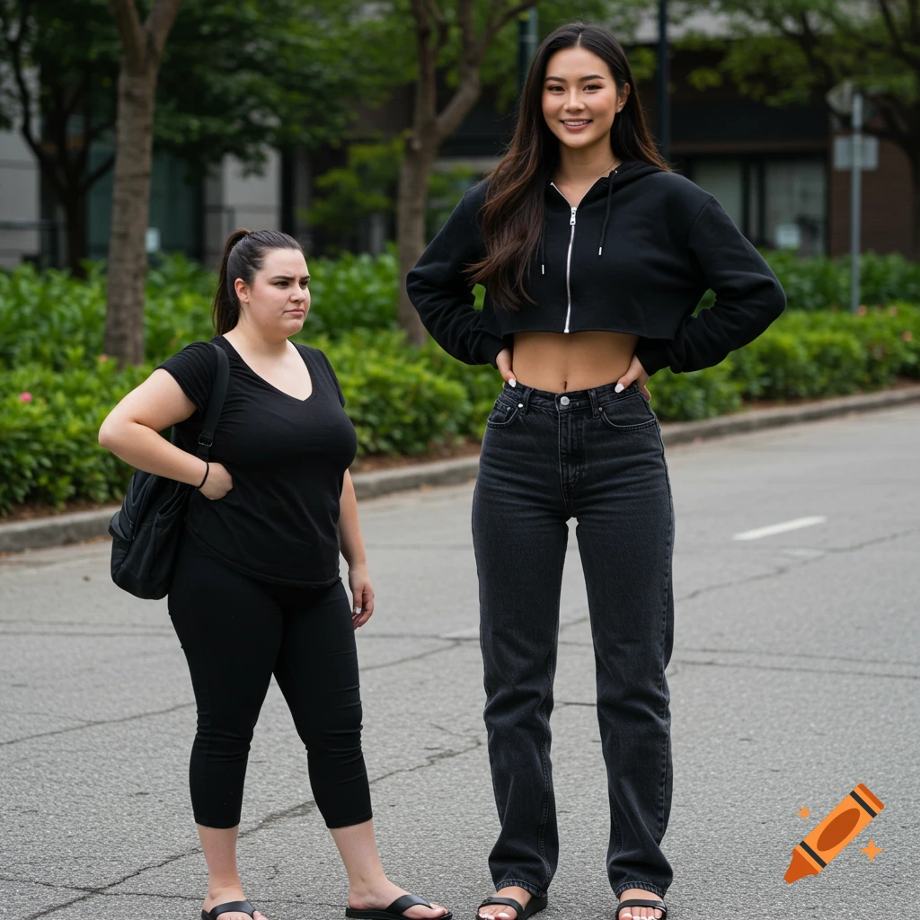 Two women stand on a street. One taller woman smiles in a black cropped hoodie and jeans. The other looks away in a black t-shirt.