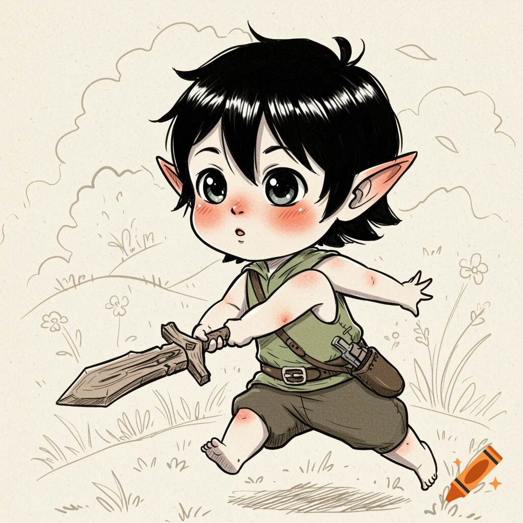 A cute chibi elf child runs holding a wooden sword in an ink drawing style illustration.