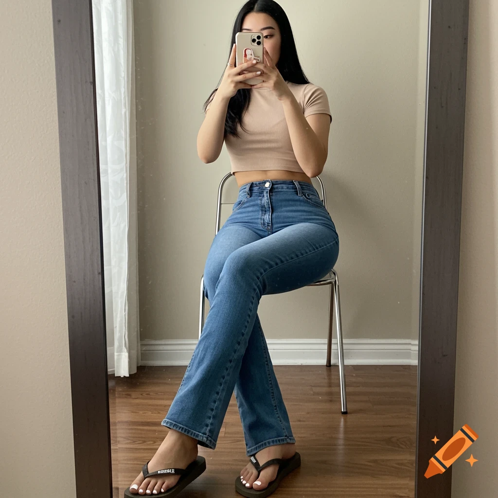 A woman takes a mirror selfie, sitting on a chair in a cropped top, flared jeans, and flip-flops.