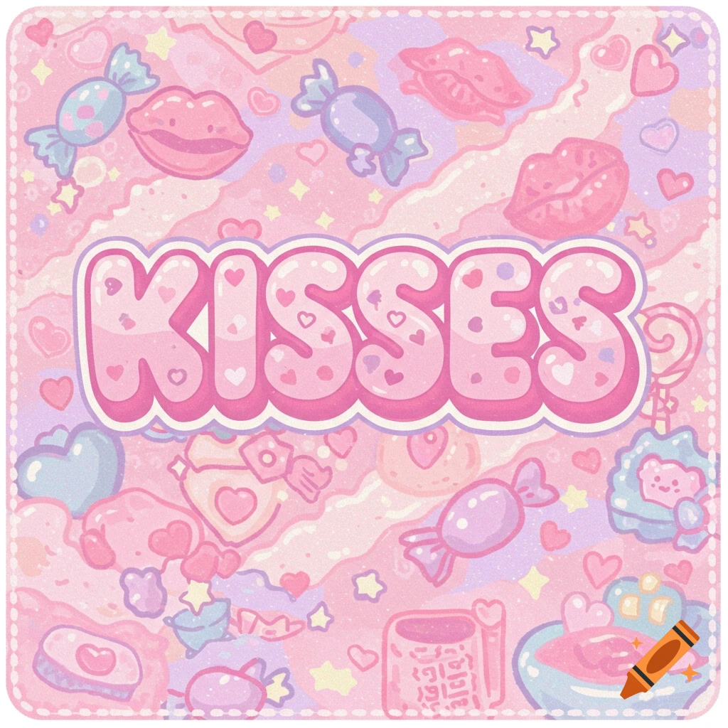 Cute pink and purple image with candy, lips, hearts, and the word KISSES in bubble letters, in a pastel style.